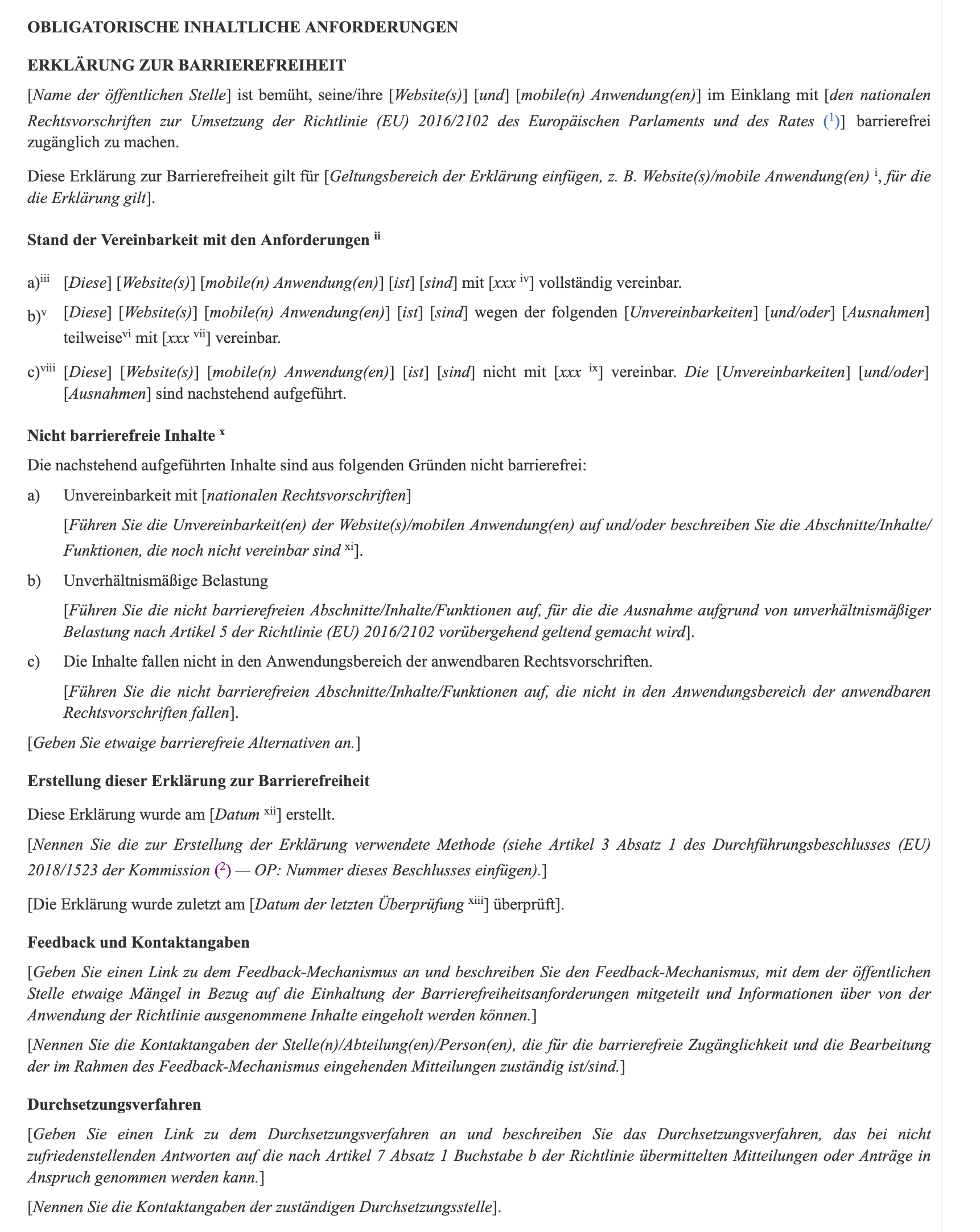 Screenshot der Muster-Vorlage zur Barrierefreiheit für öffentliche Stellen